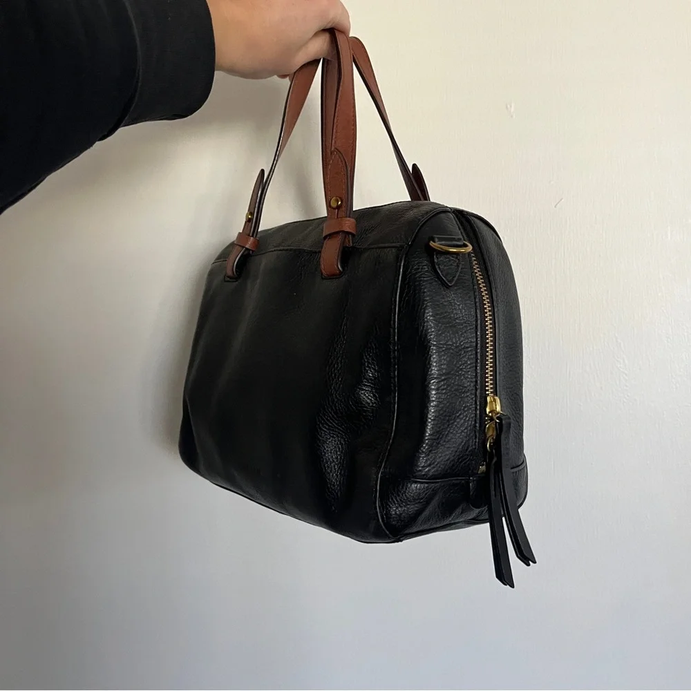 Fossil Black Brown Rachel Small Leather Satchel Purse Handbag Classic - no strap